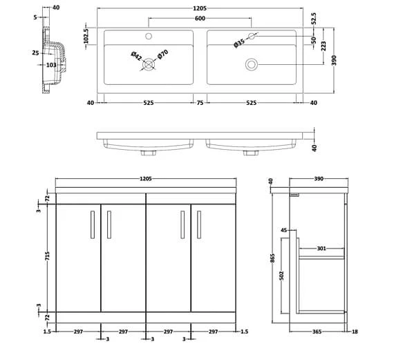 Nuie Athena 1200mm Wide Floor Standing 4 Door Cabinet And Double Basin 4 Nuie Athena 1200mm Wide Floor Standing 4 Door Cabinet And Double Basin - Image 2