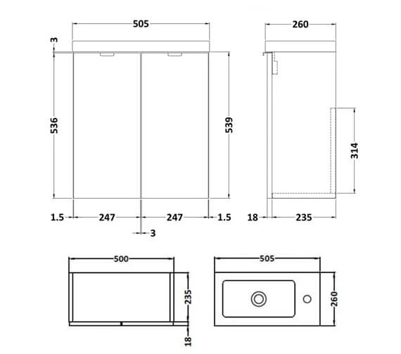 Hudson Reed Fusion 500mm Wall Hung 2 Door Slimline Vanity Unit And Basin 4 Hudson Reed Fusion 500mm Wall Hung 2 Door Slimline Vanity Unit And Basin - Image 2