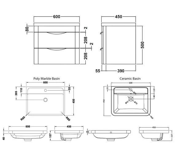 Nuie Parade 500mm High 2 Drawer Wall Hung Cabinet And Basin 5 Nuie Parade 500mm High 2 Drawer Wall Hung Cabinet And Basin - Image 3