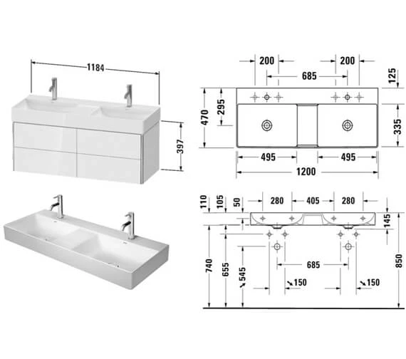 Duravit XSquare 1184 X 460mm Wall-Hung White Matt Vanity Unit With 2-Pull-Out Compartments 7 Duravit XSquare 1184 X 460mm Wall-Hung White Matt Vanity Unit With 2-Pull-Out Compartments - Image 5
