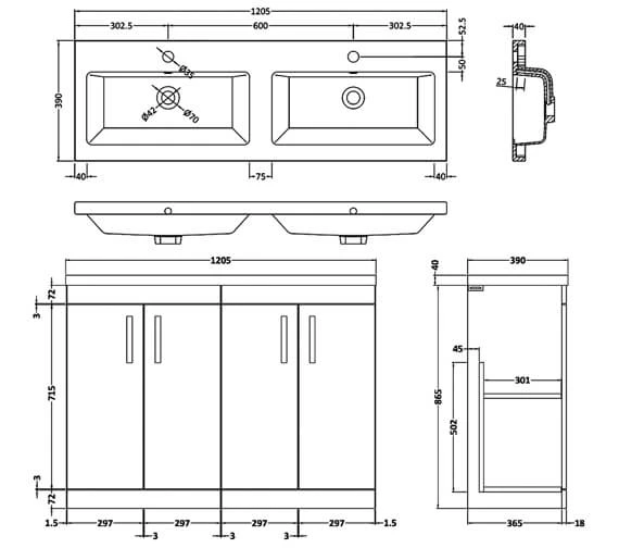 Nuie Athena 1200mm Wide Floor Standing 4 Door Cabinet And Double Basin 5 Nuie Athena 1200mm Wide Floor Standing 4 Door Cabinet And Double Basin - Image 3