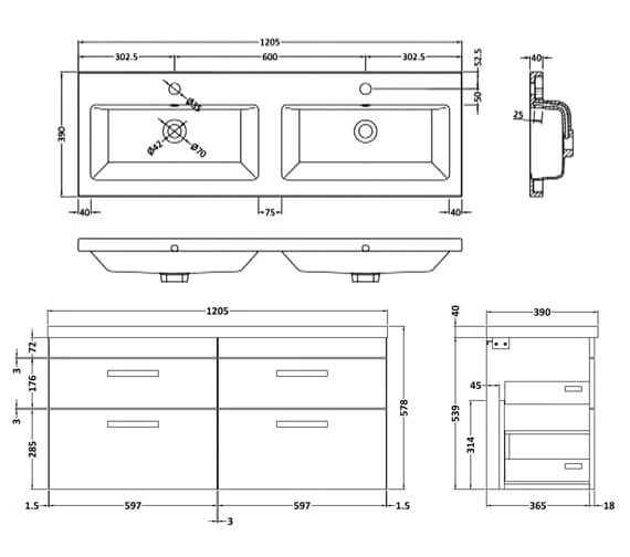 Nuie Athena 1205 X 390mm Wall Hung 4 Drawer Cabinet And Double Basin 5 Nuie Athena 1205 X 390mm Wall Hung 4 Drawer Cabinet And Double Basin - Image 3
