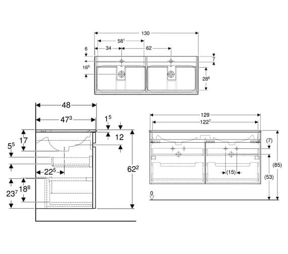 Geberit Renova Plan 1300 X 480mm Double Drawer Vanity Unit And Slim Basin 4 Geberit Renova Plan 1300 X 480mm Double Drawer Vanity Unit And Slim Basin - Image 2