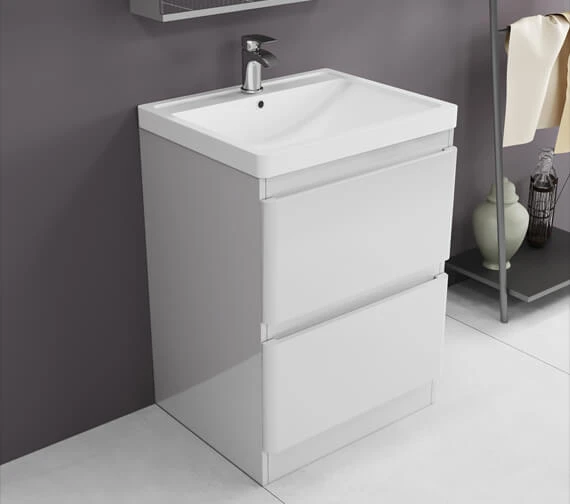 IMEX Flite White 600mm Double Drawer Floor Standing Unit And Basin